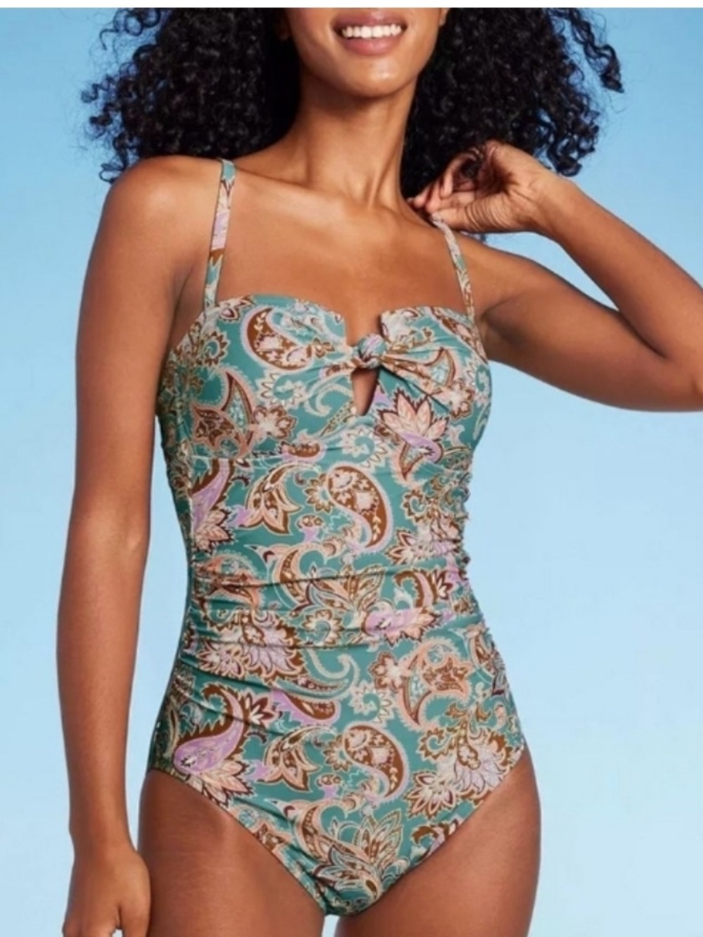 NWOT Shade & Shore Shirred Bandeau One Piece Swimsuit Paisley print size Small.